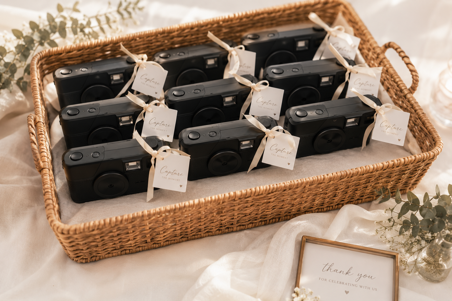 Câmaras digitais vintage em cesto de casamento