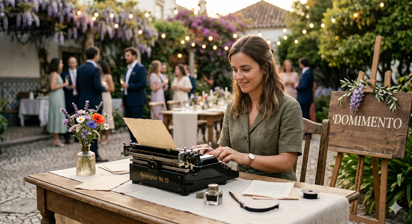 Estação de máquina de escrever vintage em casamento